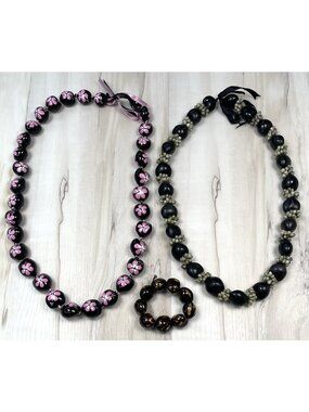 Lot 3 Hawaiian Black Kukui Nut & Gray Shell NECKLACE Lei & Brown Tiger BRACELET